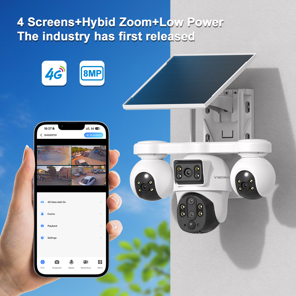 4G Solar Security Camera 4 Lens 8MP Hybrid Zoom